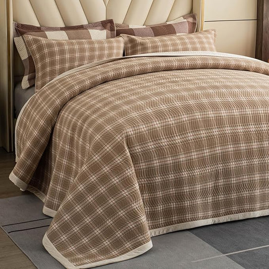Cotton Plaid Quilt Set Queen 3 Piece Lightweight Reversible Bedding, Grid Beige