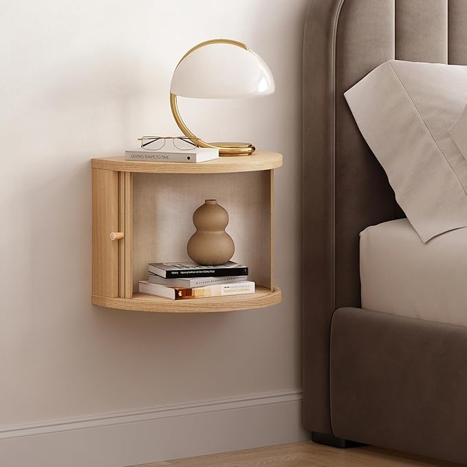 WERMO 16'' Floating Nightstand Shelf with a Sliding Door and Storage - Floating Bedside Shelf Wall Mount, Wall Mounted Wood Nightstand, Mid Century Modern End Table (Oak)