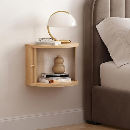 WERMO 16'' Floating Nightstand Shelf with a Sliding Door and Storage - Floating Bedside Shelf Wall Mount, Wall Mounted Wood Nightstand, Mid Century Modern End Table (Oak)