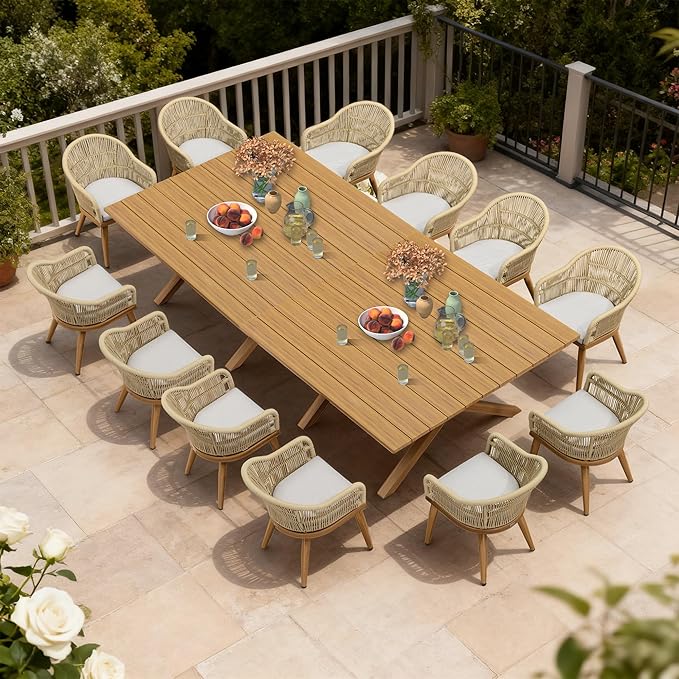 PURPLE LEAF 13 Pieces Oversized Patio Dining Set with Outdoor Aluminium Dining Table and Woven Chairs Modern Metal Furniture Cushions Sets for Garden Yard Indoor Decor Kitchen Teak