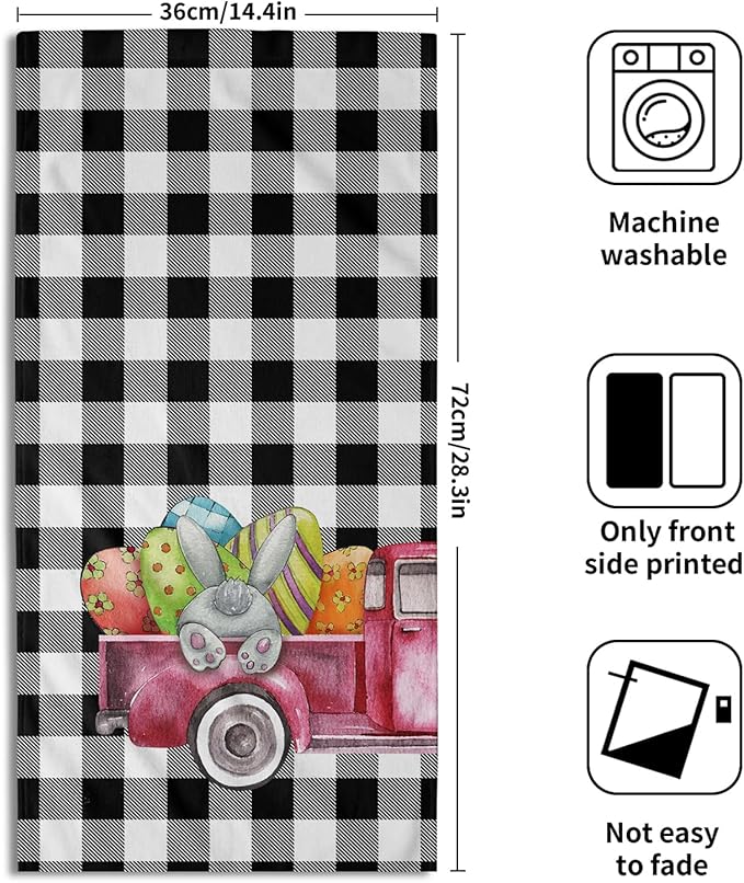 Easter Bunny Hand Towels 2 Pack Pickup Truck Decorative Buffalo Plaid Holiday Soft Absorbent Kitchen 14x28