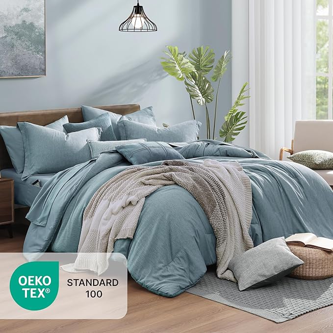 Monbix Queen Comforter Set - 7 Pieces Dusty Blue Cationic Dyeing Bed in a Bag Queen Bedding Sets with Sheets, Pillowcases & Shams, Reversible Bedding Comforters