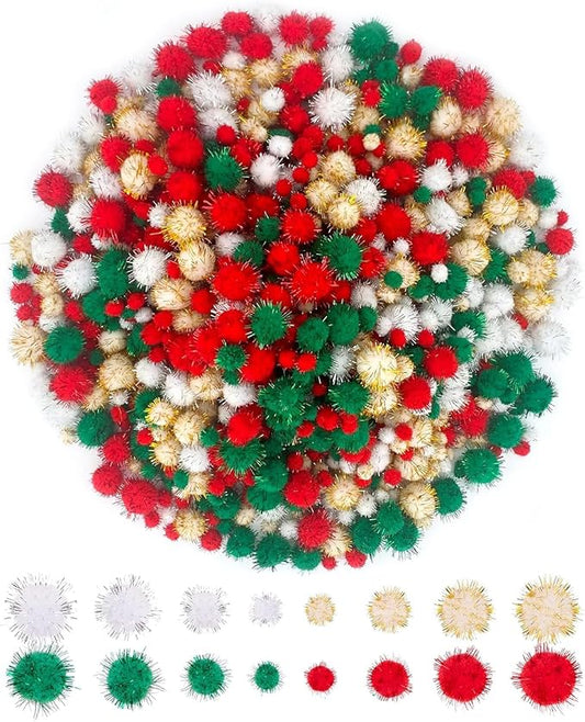 Allruyee 1500 Pieces Christmas Pom Pom Tinsel Glitter Pom Pom Balls for Crafts and Decorations(4 Sizes, Gold, White, Red, Green)