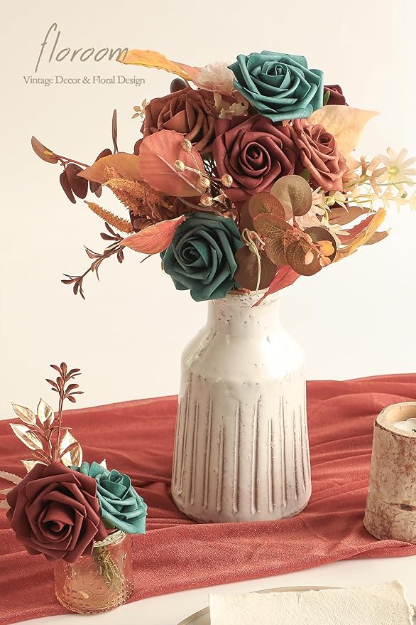 Floroom Artificial Flowers 25pcs Real Looking Dark Teal Foam Fake Roses with Stems for DIY Wedding Bouquets Bridal Shower Centerpieces Floral Arrangements Party Tables Home Decorations