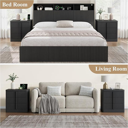 Fluted Nightstand with Charging Station, 23.6" Night Stand with Solid Wood Handle, Mid Century Moden Bedside Table End Table 3 Drawer Dresser for Bedroom, Living Room, Black