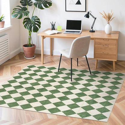 LIVEBOX 5x7 Checkered Rugs for Living Room, Washable Diamond Green Rug Non-Slip Modern Neutral Geometric Plaid Area Rugs for Bedroom, Low Pile Farmhouse Carpet for Office Kids Room Classroom Dorm