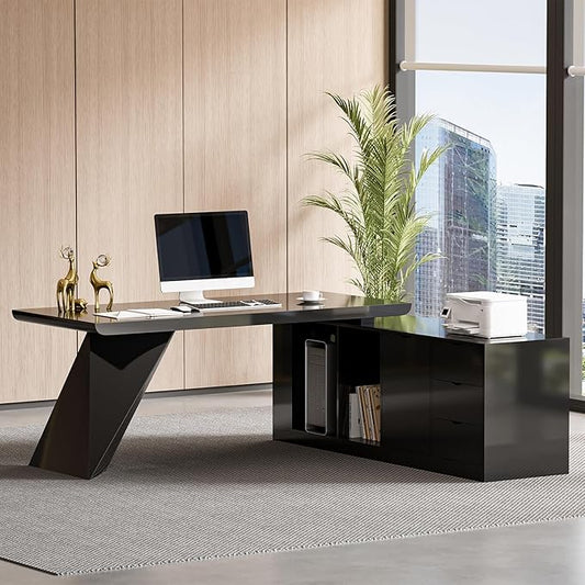 homary 70.9" Modern L-Shape Executive Desk, Home Office Desk with Drawers & Cabinet Modern Computer Desk for Home Business Furniture, Black, Right Hand
