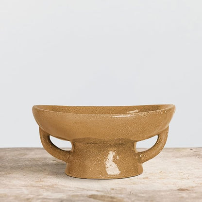 Creative Co-Op Stoneware Footed Pedestal/Bowl with Handles, Reactive Glaze Decorative Object, Taupe