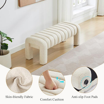 43’’ End of Bed Bench, Modern Linen Entryway Bench, Upholstered Ottoman Stool with Full Coverage Fabrics, Ottoman for Bedroom, Living Room, Dining Room, Beige