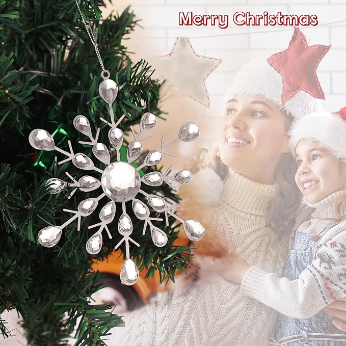 Reinstone 4pcs Silver Sparkling Snowflake Christmas Ornaments - Large Hanging Snowflake Ornaments for Christmas Tree Winter Supplies