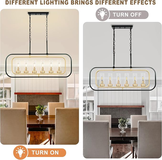 Dining Room Chandelier, 36" Modern Farmhouse Chandelier Black and Gold Dining Room Light Fixture 6-Light Kitchen Island Lights Horizontal Linear Pendant Light Fixtures with Clear Glass Shade