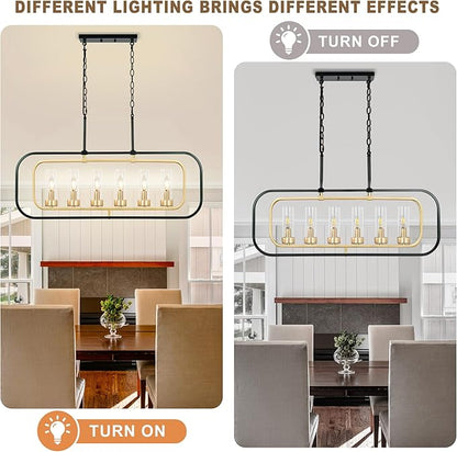 Dining Room Chandelier, 36" Modern Farmhouse Chandelier Black and Gold Dining Room Light Fixture 6-Light Kitchen Island Lights Horizontal Linear Pendant Light Fixtures with Clear Glass Shade