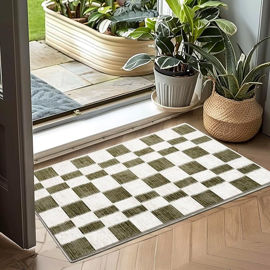 EVERGRACE Checkered Plaid Area Rug 2x3, Soft Fuzzy Faux Wool Rugs Washable Anti Slip Rugs Small Rug Carpet for Entryway Bedroom Living Room Hallway Kitchen Dining Room and Laundry Room, Olive Green