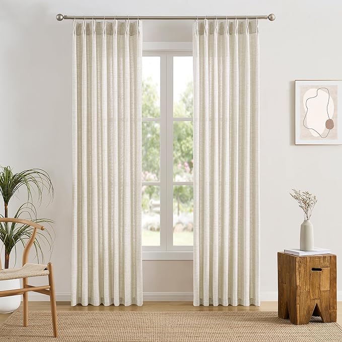 RAIN CITY Natural Pinch Pleated Curtains 120 Inches Long Set of 2, Linen Drapes Back Tab with Hooks,Light Filtering Window Curtain Panels for Living Room 42 Width 120 Length 10 FT