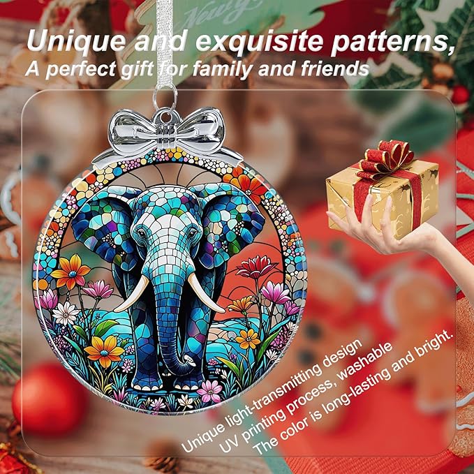 Elephant Christmas Ornament for Christmas Decorations Crystal Glass- Xmas Gifts for Elephant Lover, Holiday Keepsake Present Exchange Ideas