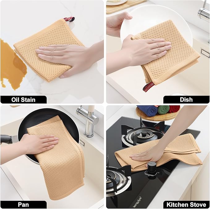 Homaxy 100% Cotton Kitchen Towels and Dishcloths Set, 12 x 12 Inches and 13 x 28 Inches, Set of 12 Bulk Kitchen Towels Set, Ultra Soft Absorbent Dish Cloths for Washing Dishes, Apricot