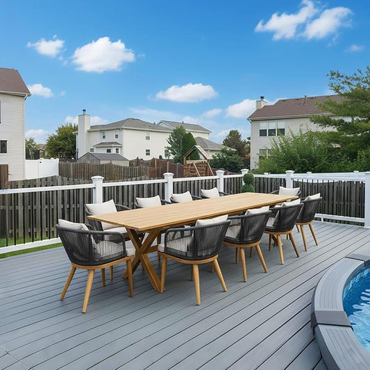 PURPLE LEAF 11 Pieces Patio Dining Table Set Wicker Outdoor Furniture Rectangular Table and Chairs Set for Garden Deck Teak-Finish Aluminum Frame Backyard Kitchen Set, Cushions and Pillows Included