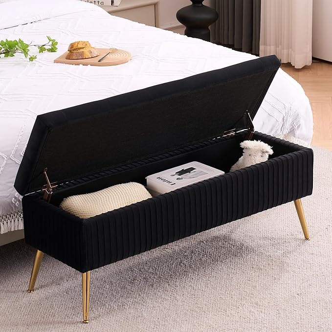 Velvet Storage Bench for Bedroom, Upholstered End of Bed Bench Modern Tufted Ottoman with Gold Legs for Living Room/Window/Entryway (Black, Rectangle-45.5" W)