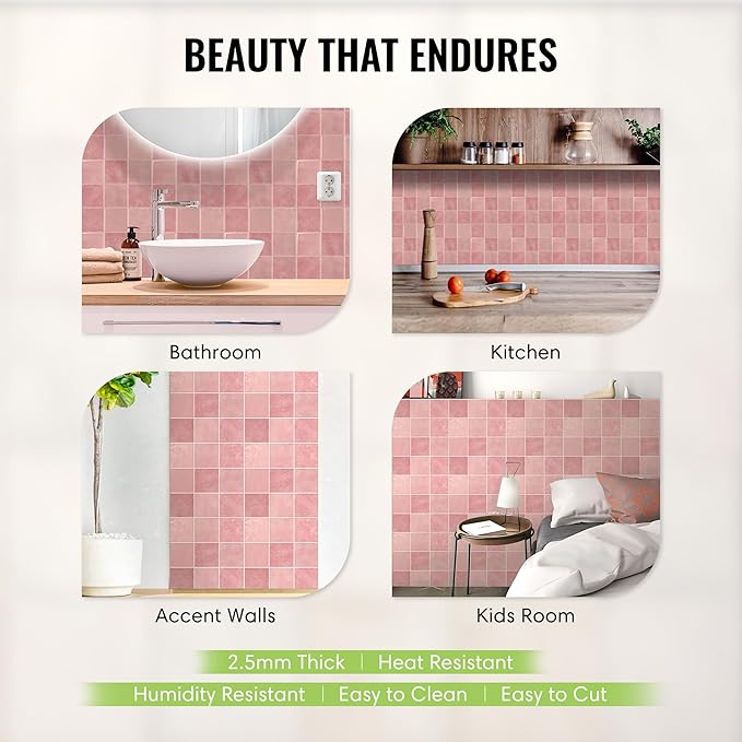 5 Pack Peel and Stick Backsplash Square Tiles, Extra Thick 3D Wall Panels, Heat & Water Resistant, Easy DIY Kitchen, Bathroom, Laundry, Fireplace & Rental Home Wall Décor (12 x 12 in), Pink