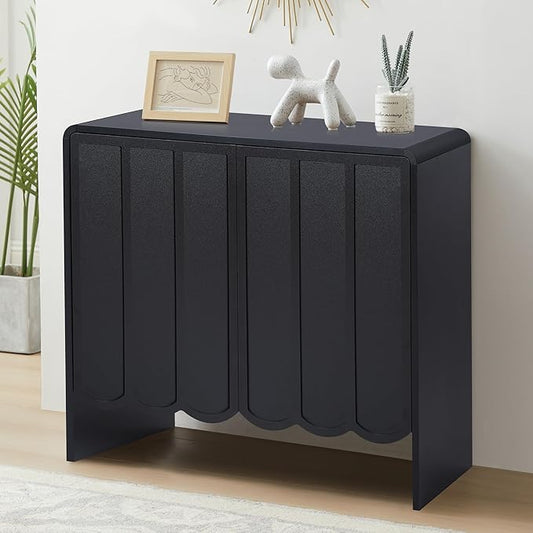ORRD Sideboard Buffet Cabinet, Accent Storage Cabinet with 2 Doors, Farmhouse Wood Cabinets with Adjustable Shelves and Wave Panel for Living Room, Dining Room, Entry - Black