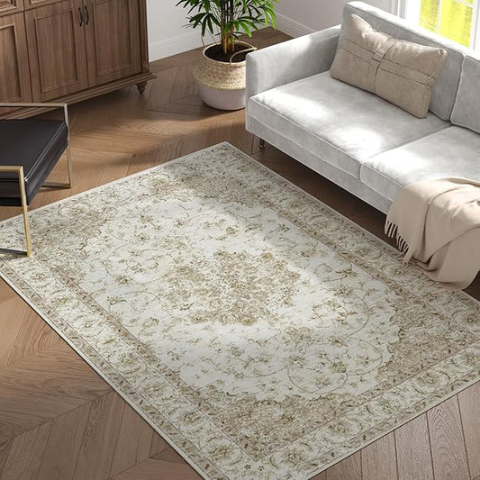 jinchan Vintage Floral Washable Area Rug 4x6 Non-Slip Medallion, Taupe