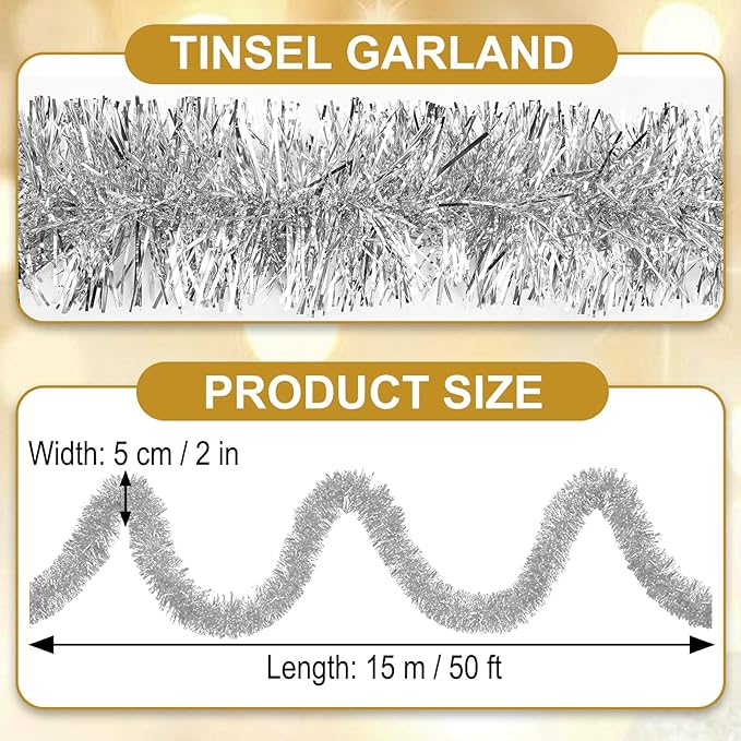 50 Feet Silver Christmas Tinsel Garland, Metallic Foil Twist Garland Wall Hanging Tinsel Banner Backdrop for Parade Floats, Easter, Mother's Day, Wedding Party Decorations (2in x 50ft)