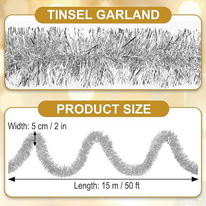 50 Feet Silver Christmas Tinsel Garland, Metallic Foil Twist Garland Wall Hanging Tinsel Banner Backdrop for Parade Floats, Easter, Mother's Day, Wedding Party Decorations (2in x 50ft)