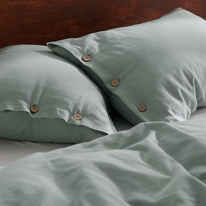 Bedsure Linen Duvet Cover Queen - Linen Cotton Blend Bedding Set, Soft & Cozy, 3 Pieces, 1 Duvet Cover 90x90 Inches and 2 Pillowcases, Sage Green Color Cooling Bedding, Comforter Sold Separately