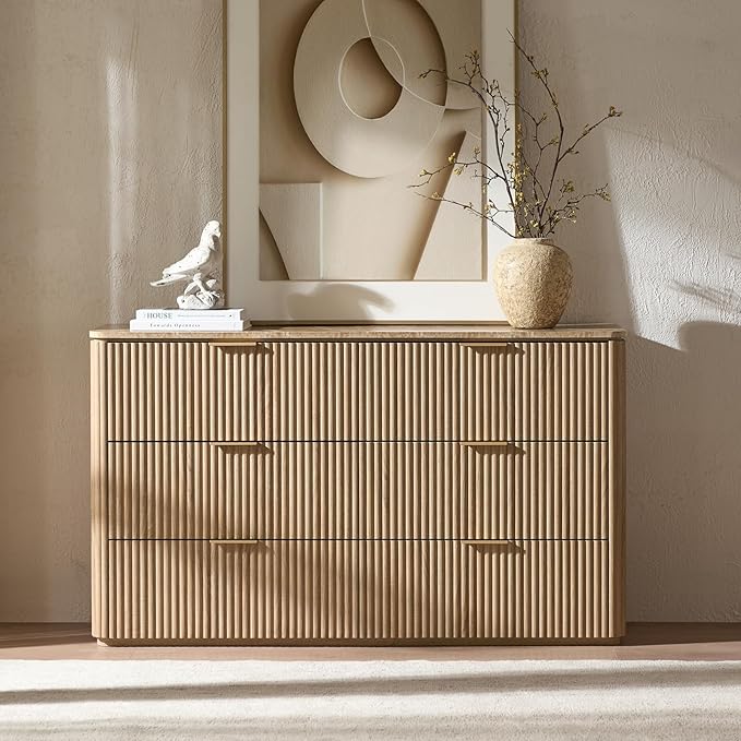 Fluted 6 Drawer Dresser for Bedroom, 54.5" Wide Modern Chest of Drawers with Faux Marble Top, Curved Corners, Wooden Dresser TV Stand with Organizer Storage for Living Room, Natural Oak