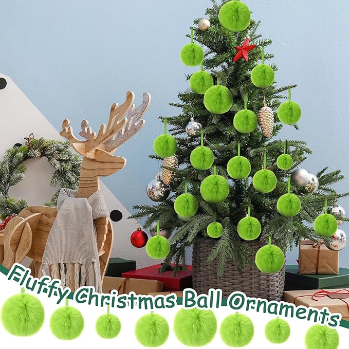 24 Pcs Green Furry Christmas Ball Ornaments for Tree 2.36/3.15/3.94 Inches Pom Pom Ball Christmas Hanging Decoration for Party Supplies Fireplace Mantel Wall Decor