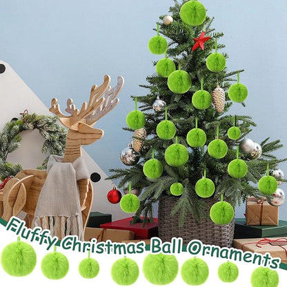 24 Pcs Green Furry Christmas Ball Ornaments for Tree 2.36/3.15/3.94 Inches Pom Pom Ball Christmas Hanging Decoration for Party Supplies Fireplace Mantel Wall Decor