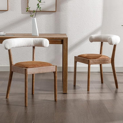Wood Dining Chairs Set of 2, Mid Century Modern Living Room Chairs with Unique Curved Sherpa Open Back Comfy PU Upholstered Side Chair for Kitchen/Restaurant/Reception, Brown