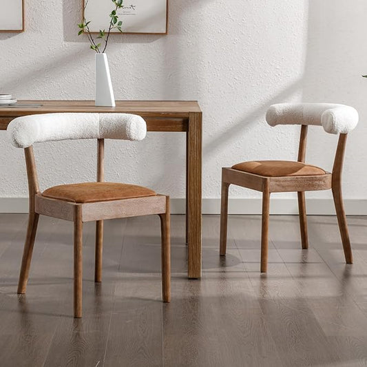 Wood Dining Chairs Set of 2, Mid Century Modern Living Room Chairs with Unique Curved Sherpa Open Back Comfy PU Upholstered Side Chair for Kitchen/Restaurant/Reception, Brown