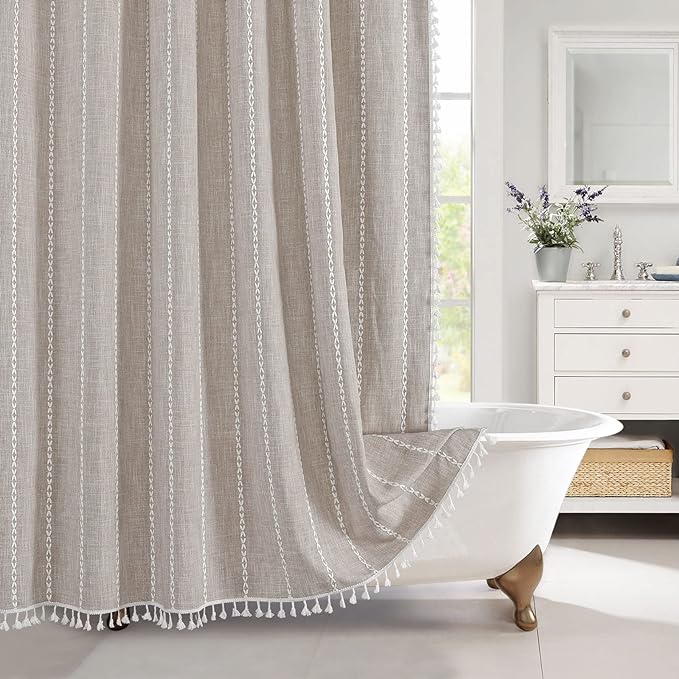 MitoVilla Boho Extra Long Shower Curtain 72 x 84, Tan 84 inch XL Polyester Linen Tassel Fabric Shower Curtain Set with Hooks for Vintage Country Farmhouse Bathroom Decor, Thick & Wrinkle Resistant