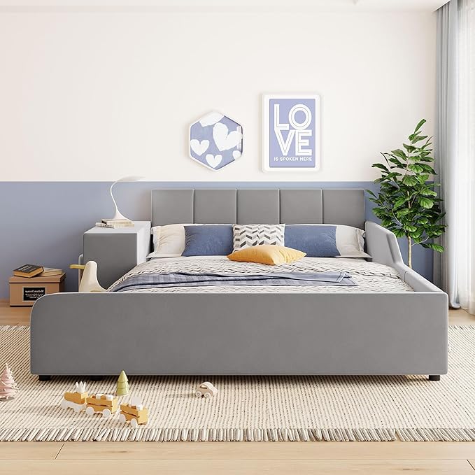 Merax Full Upholstered Grounded Bed Mother & Child, Gray Velvet