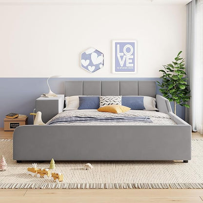 Merax Full Upholstered Grounded Bed Mother & Child, Gray Velvet