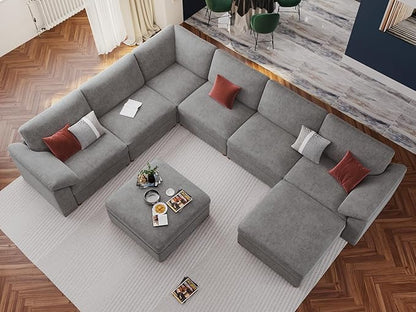 Ease MOOSEGrey Sectional Modular Sofa, Oversized U Shape Sectional Couch Wide Deep seat Sectional Sofa,FSC Certified Comfortable Chenille White Modular Sofa，Detachable and Washable