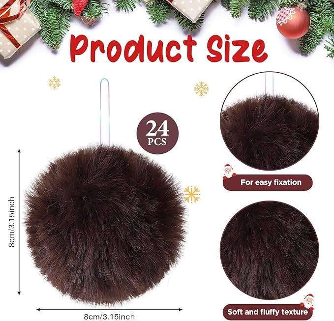 12Pcs Furry Christmas Ball Ornament for Xmas Tree Brown Soft Faux Fur Pom Pom Ball Ornaments Christmas Tree Hanging Decorations for Winter Party Home Decor Costume Supplies