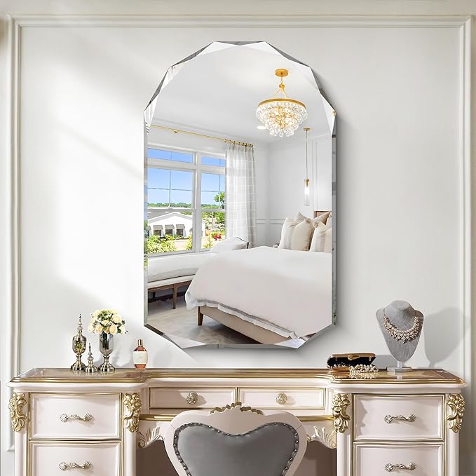 KOCUUY 30"x48" Frameless Wall Mirror, Arched Shape with Diamond-Shaped Beveled Edge,Unframed Decorative with Upgraded Shatterproof Glass,Unique Frameless Mirror for Bathroom,Living Room,Bedroom