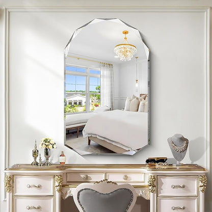 KOCUUY 30"x48" Frameless Wall Mirror, Arched Shape with Diamond-Shaped Beveled Edge,Unframed Decorative with Upgraded Shatterproof Glass,Unique Frameless Mirror for Bathroom,Living Room,Bedroom