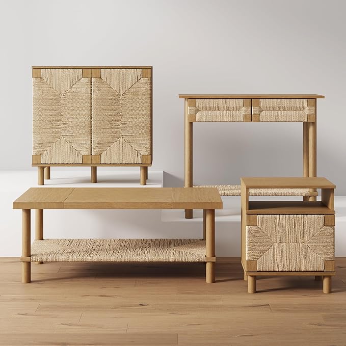 Nathan James Beacon Bohemian Coffee Table with Storage, 2-Tier Rectangle Coffee Table with Solid Wood Legs and Seagrass Shelf, Light Brown