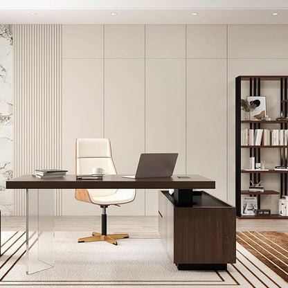 homary 71.5" Modern L-Shaped Desk, Home Executive  Office Desk with Lift-Top & Storage Cabinet Walnut Productivity & Ergonomic Comfort Standing Desk for Study, Home Office, Office