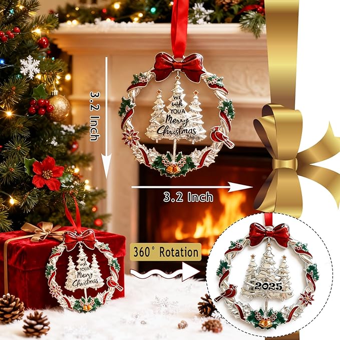 Christmas Decorations 2025 Christmas Wreath Ornament with Rotatable Xmas Tree Metal DIY Hanging Craft Collectibles for Holiday Home Party Decor Keepsake Gifts