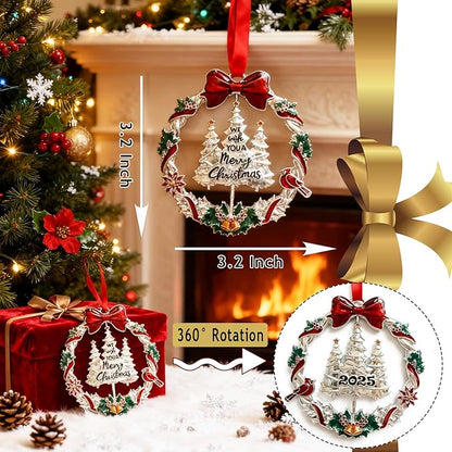 Christmas Decorations 2025 Christmas Wreath Ornament with Rotatable Xmas Tree Metal DIY Hanging Craft Collectibles for Holiday Home Party Decor Keepsake Gifts