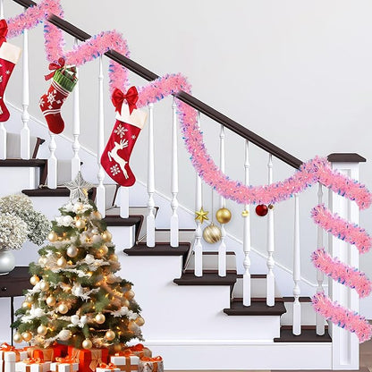 50 Feet Pink Christmas Tinsel Garland for Christmas Tree Decorations, Xmas Metallic Twist Shiny Hanging Garland Decor for Mantle Stairs Fireplace Home Holiday Indoor Outdoor