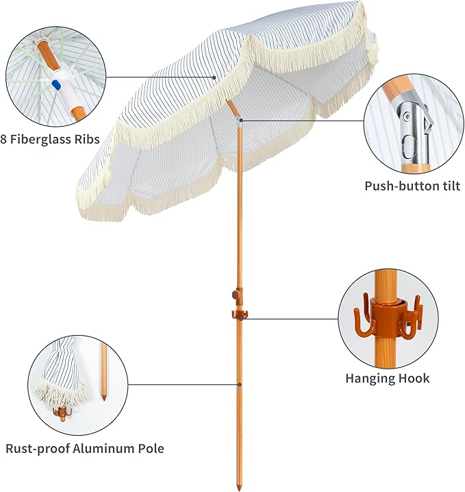 6.5ft Patio Umbrella with Fringe, Beach Umbrella, Fringe Umbrella Outdoor Patio with Hanging Hook, Tilting Aluminum Pole, UV 50+, Fiberglass Ribs, Blue White Stripe