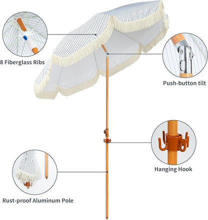 6.5ft Patio Umbrella with Fringe, Beach Umbrella, Fringe Umbrella Outdoor Patio with Hanging Hook, Tilting Aluminum Pole, UV 50+, Fiberglass Ribs, Blue White Stripe