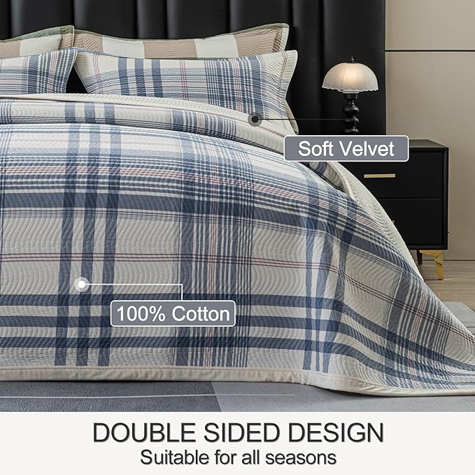 Cotton Plaid Quilt Set Queen 3 Piece Reversible Bedding, Grid Blue White