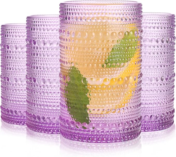 Purple Hobnail Glasses Drinking Set of 4, 12 oz Cocktail Glasses, Purple Vintage Glassware for Beer, Cocktail, Soda, Juice, Coffee and Various Mixed Drinks
