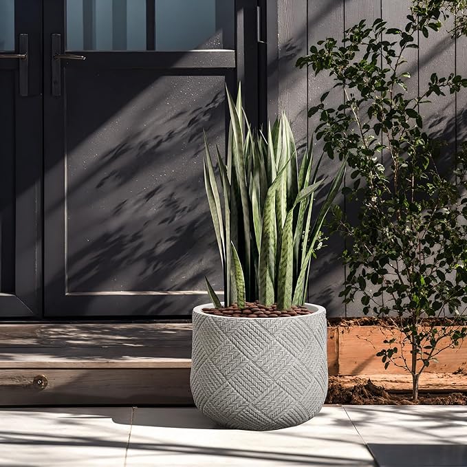 LuxenHome 14-Inch Dia Round Concrete Planters, Large Outdoor Indoor Decorative Plant Pots with Drainage Holes and Rubber Plug, Modern Gray Glen Woven Pattern Flower Pot Planters for Home Garden Patio